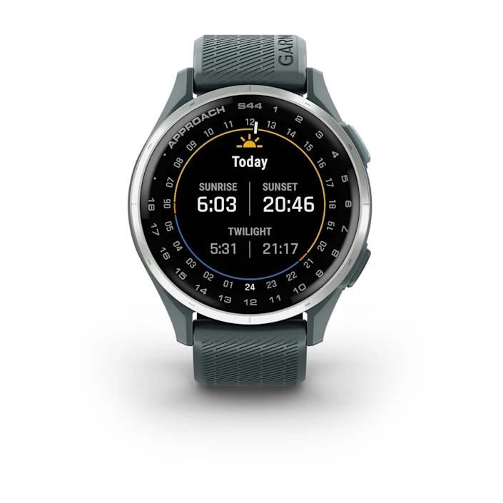 Garmin Approach S44 golfové GPS hodinky, hliníková luneta Silver, silikonový řemínek Twilight
