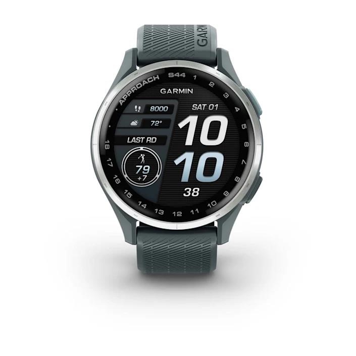 Garmin Approach S44 golfové GPS hodinky, hliníková luneta Silver, silikonový řemínek Twilight