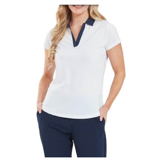 FootJoy Cap Sleeve Print Trim Lisle dámské polo, bílo/tmavě modré
