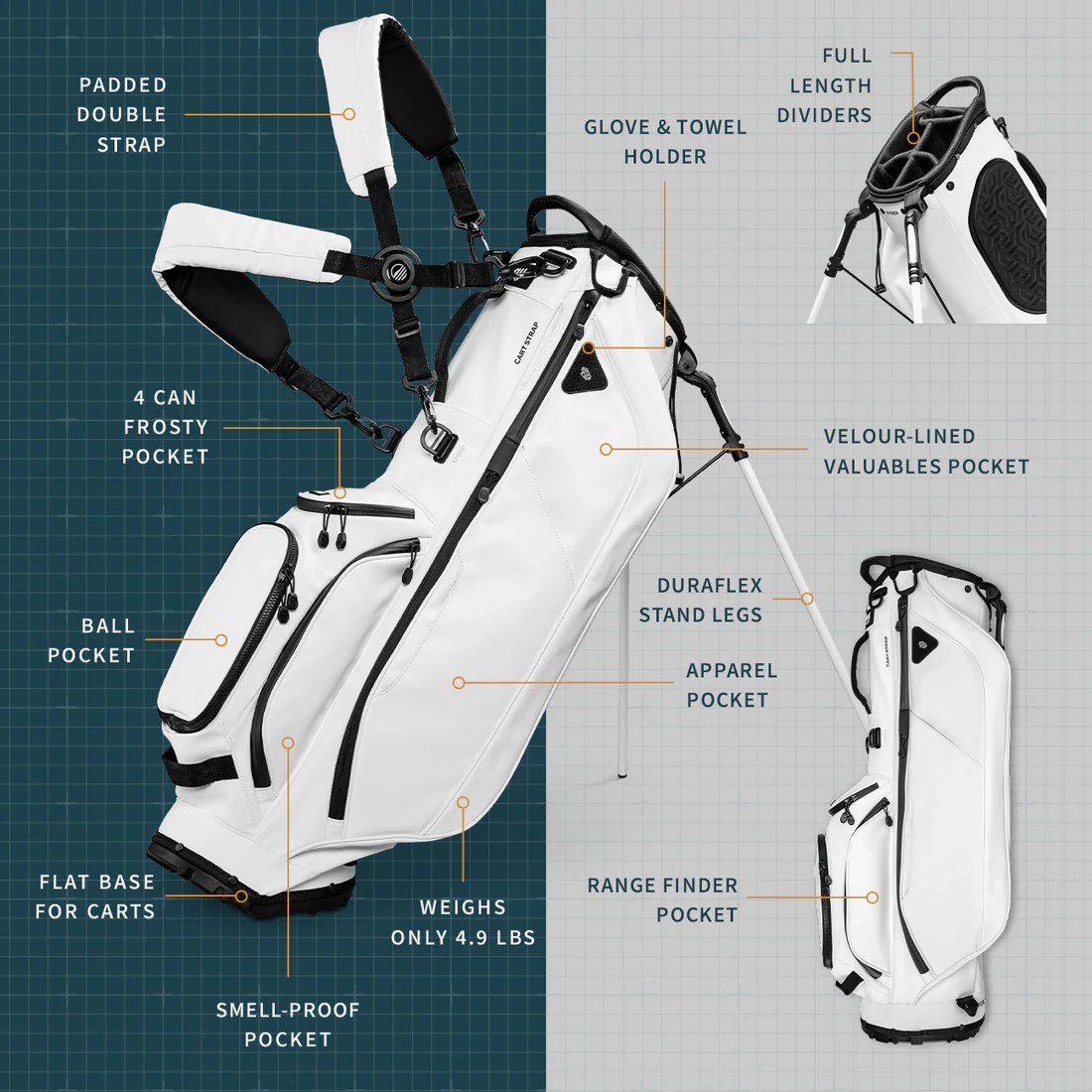 Sunday Golf Ryder S-Class stand bag, bílý