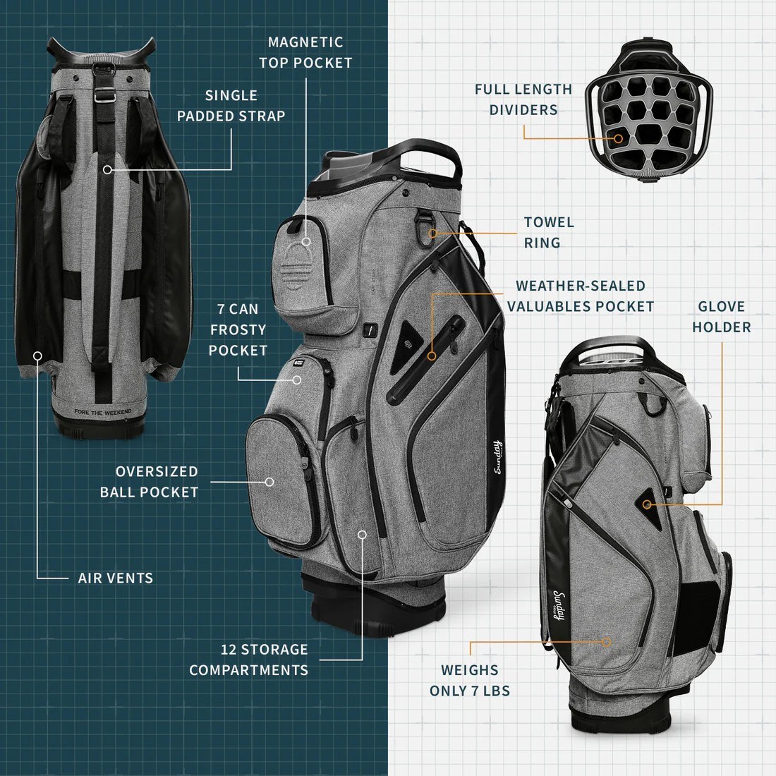 Sunday Golf Big Rig cart bag, šedý