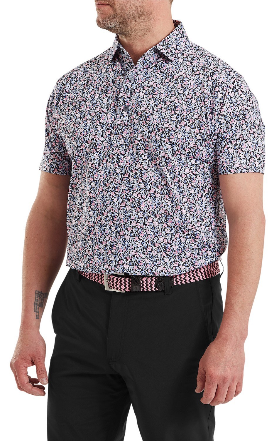 FootJoy Meadow Print Lisle pánské polo, black/vivid violet/pink pop