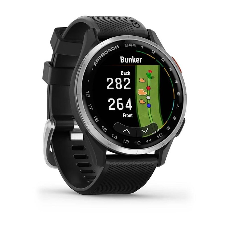 Garmin Approach S44 golfové GPS hodinky, hliníková luneta Silver, silikonový řemínek Black