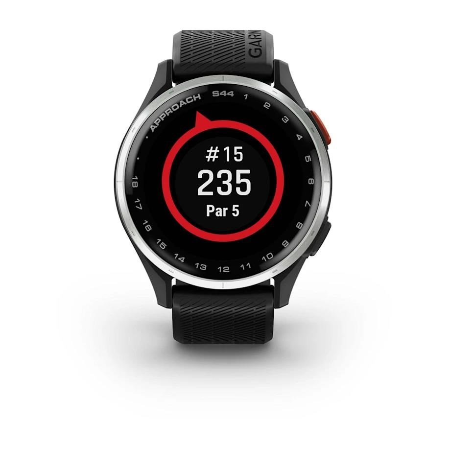 Garmin Approach S44 golfové GPS hodinky, hliníková luneta Silver, silikonový řemínek Black
