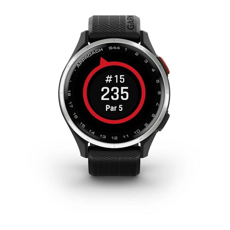 Garmin Approach S44 golfové GPS hodinky, hliníková luneta Silver, silikonový řemínek Black