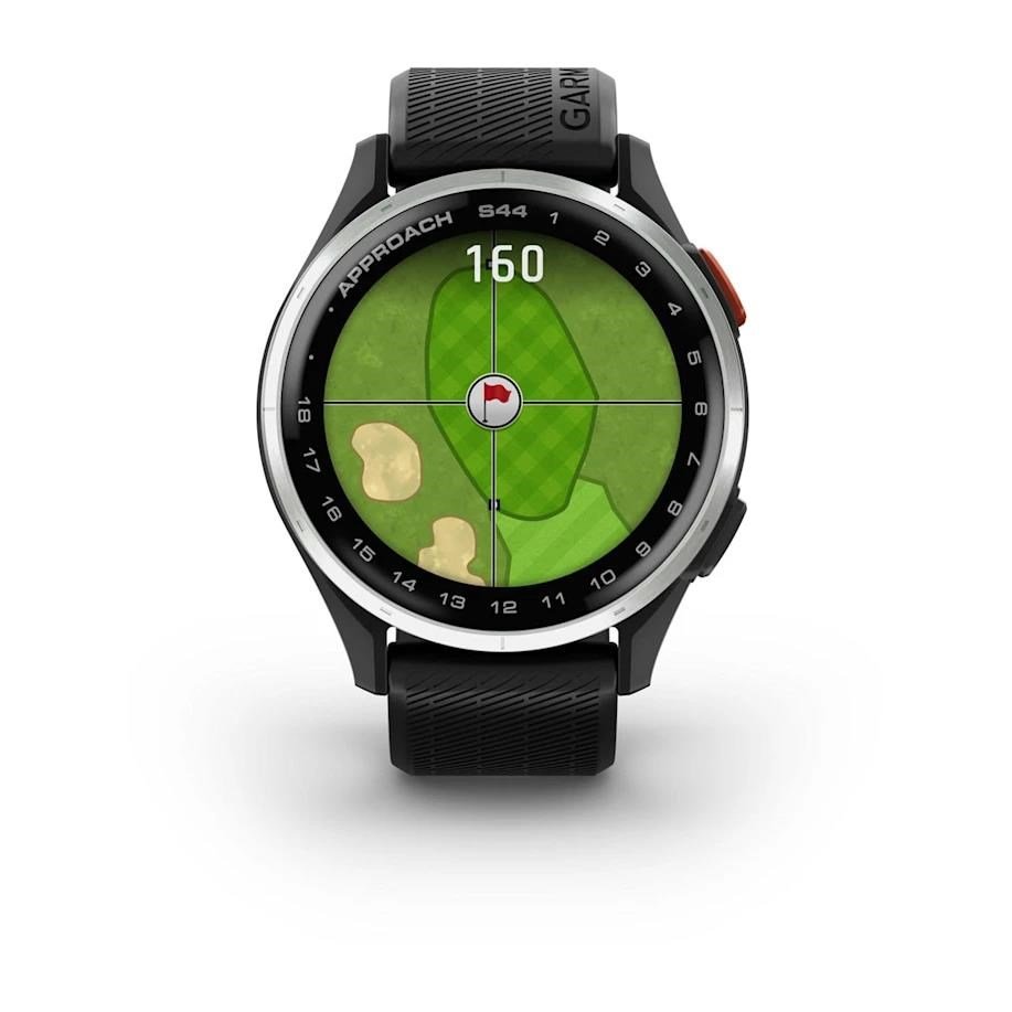 Garmin Approach S44 golfové GPS hodinky, hliníková luneta Silver, silikonový řemínek Black