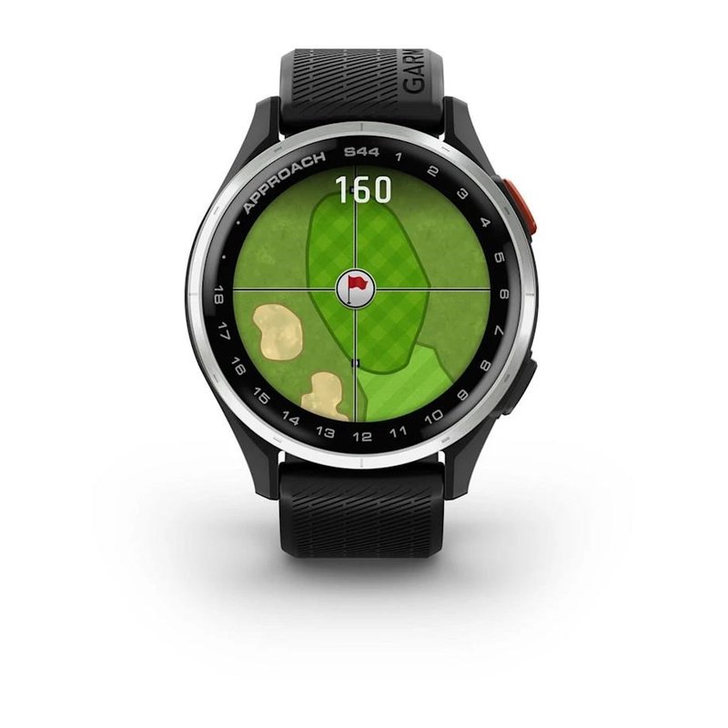 Garmin Approach S44 golfové GPS hodinky, hliníková luneta Silver, silikonový řemínek Black