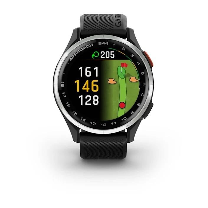 Garmin Approach S44 golfové GPS hodinky, hliníková luneta Silver, silikonový řemínek Black