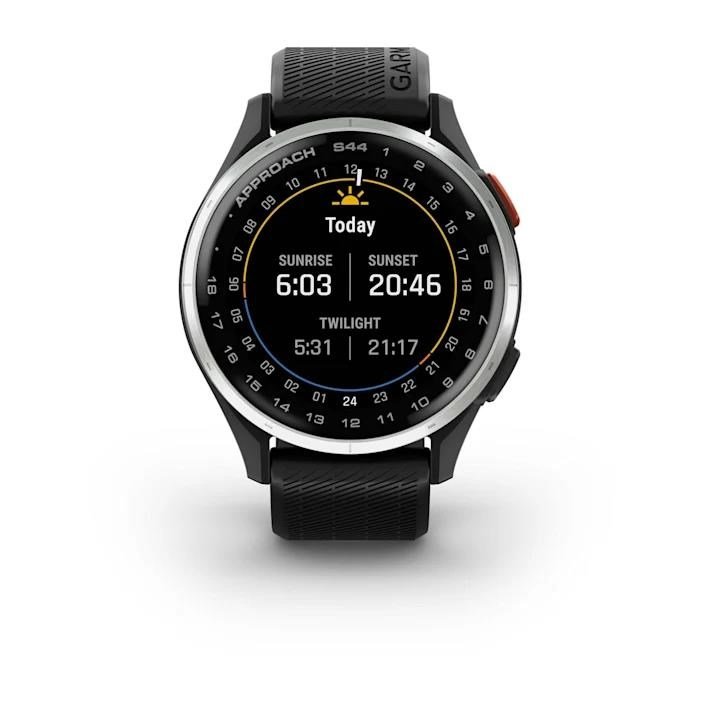 Garmin Approach S44 golfové GPS hodinky, hliníková luneta Silver, silikonový řemínek Black