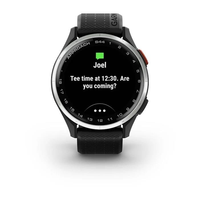 Garmin Approach S44 golfové GPS hodinky, hliníková luneta Silver, silikonový řemínek Black