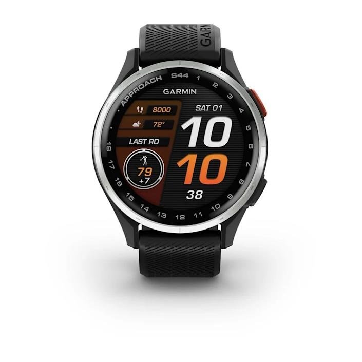 Garmin Approach S44 golfové GPS hodinky, hliníková luneta Silver, silikonový řemínek Black
