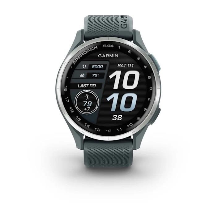 Garmin Approach S44 golfové GPS hodinky, hliníková luneta Silver, silikonový řemínek Twilight