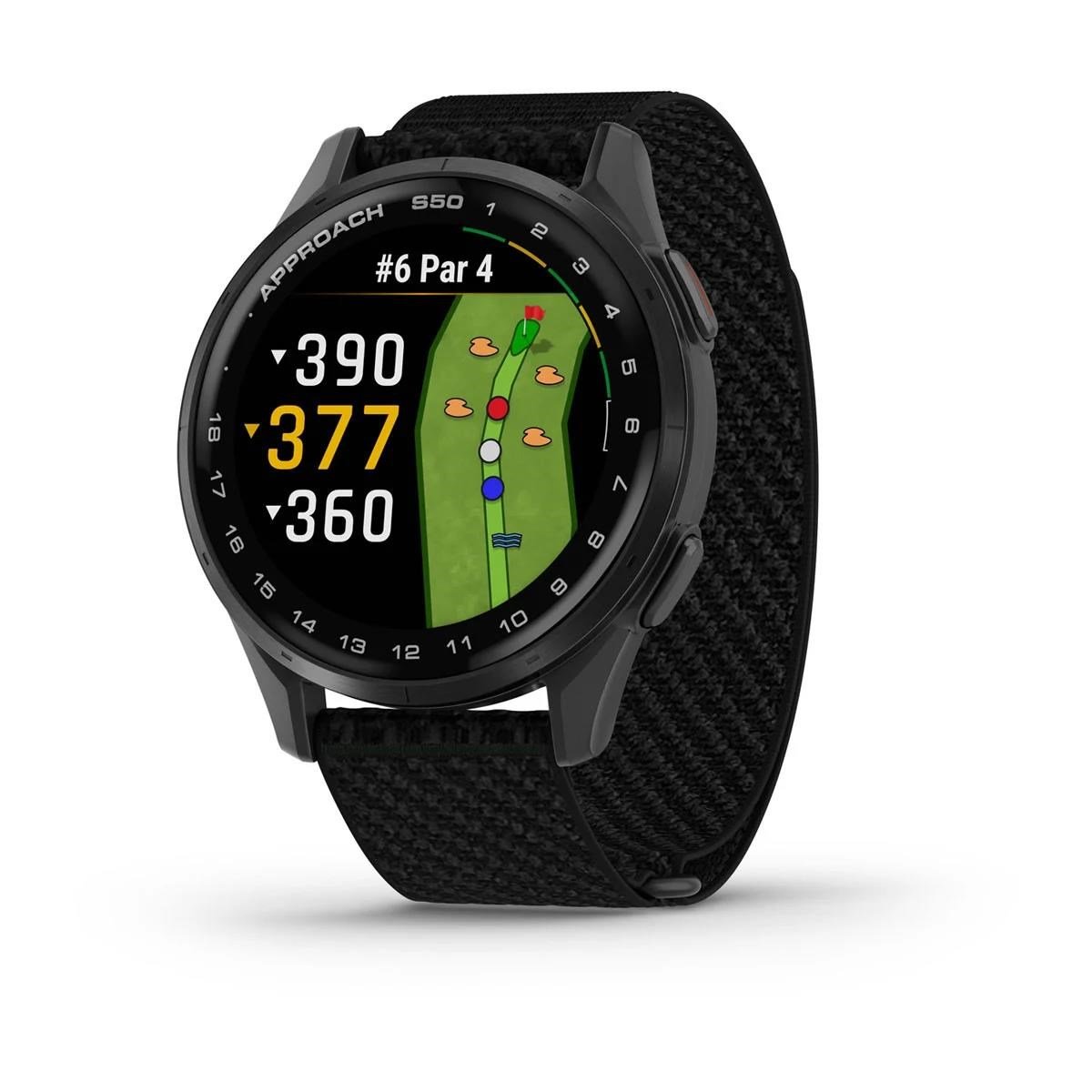 Garmin Approach S50 golfové GPS hodinky, hliníková luneta Slate, nylonový řemínek Black ComfortFit
