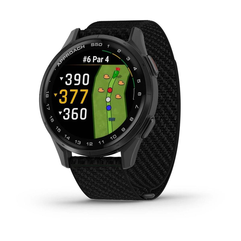 Garmin Approach S50 golfové GPS hodinky, hliníková luneta Slate, nylonový řemínek Black ComfortFit