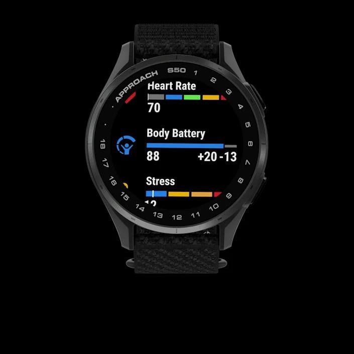 Garmin Approach S50 golfové GPS hodinky, hliníková luneta Slate, nylonový řemínek Black ComfortFit