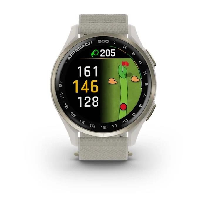 Garmin Approach S50 golfové GPS hodinky, hliníková luneta Cream Gold, nylonový řemínek Ivory ComfortFit