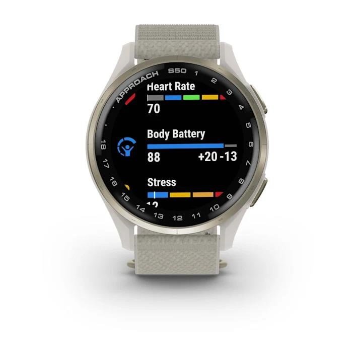 Garmin Approach S50 golfové GPS hodinky, hliníková luneta Cream Gold, nylonový řemínek Ivory ComfortFit