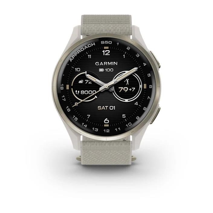 Garmin Approach S50 golfové GPS hodinky, hliníková luneta Cream Gold, nylonový řemínek Ivory ComfortFit