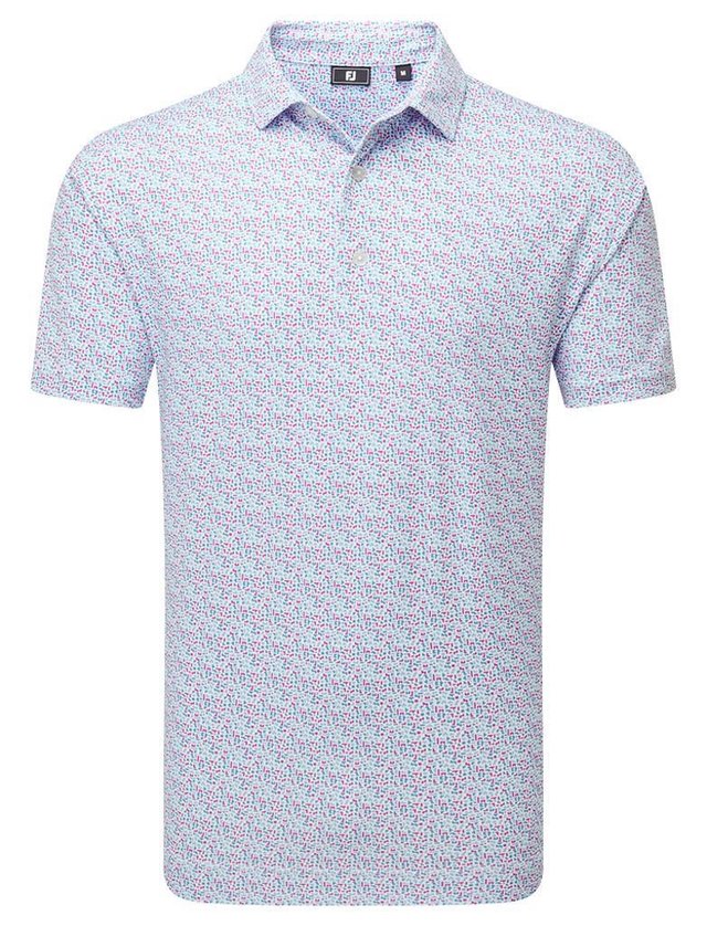 FootJoy Gamer Print Pique pánské polo, white/air blue/tide/magenta