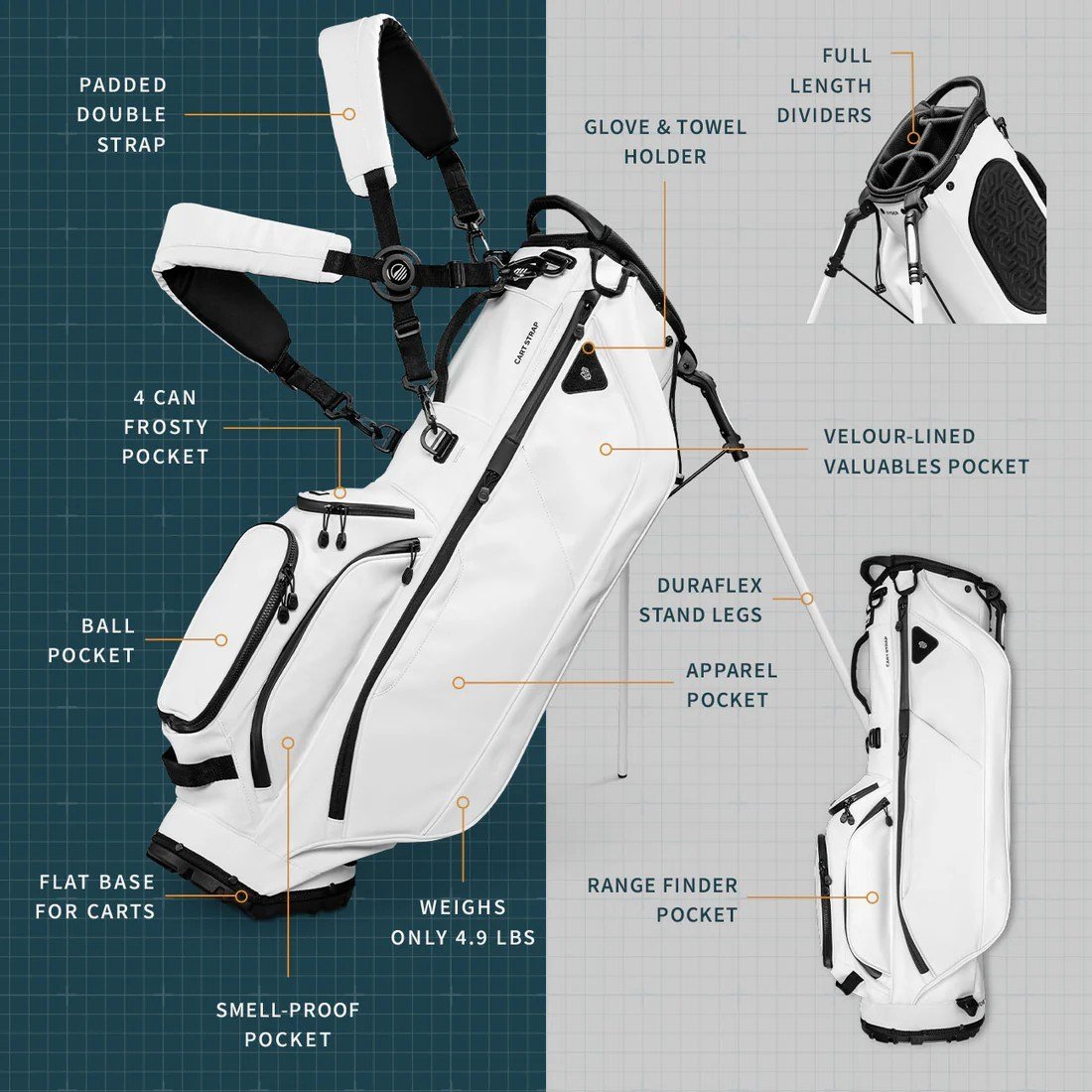 Sunday Golf Ryder S-Class stand bag, bílý