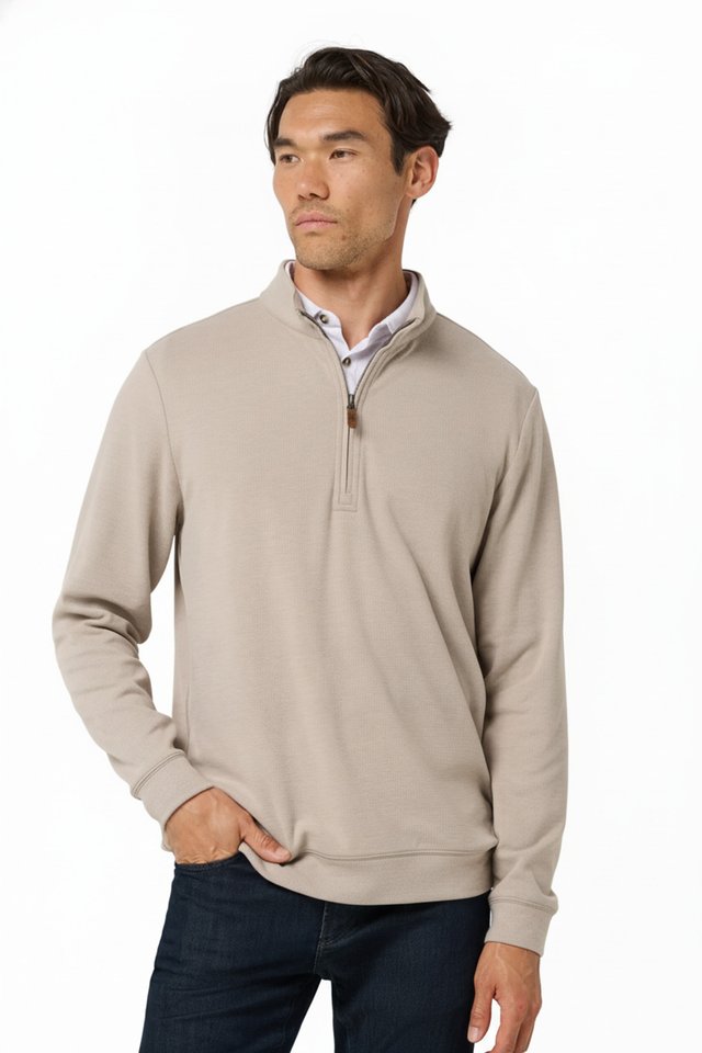 Travis Mathew Cloud pánský svetr 1/4 zip, heather roasted cashew