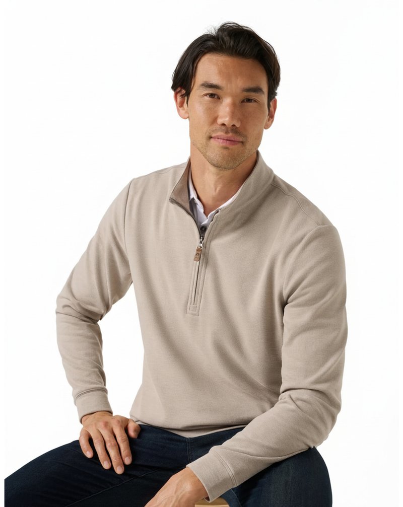 Travis Mathew Cloud pánský svetr 1/4 zip, heather roasted cashew