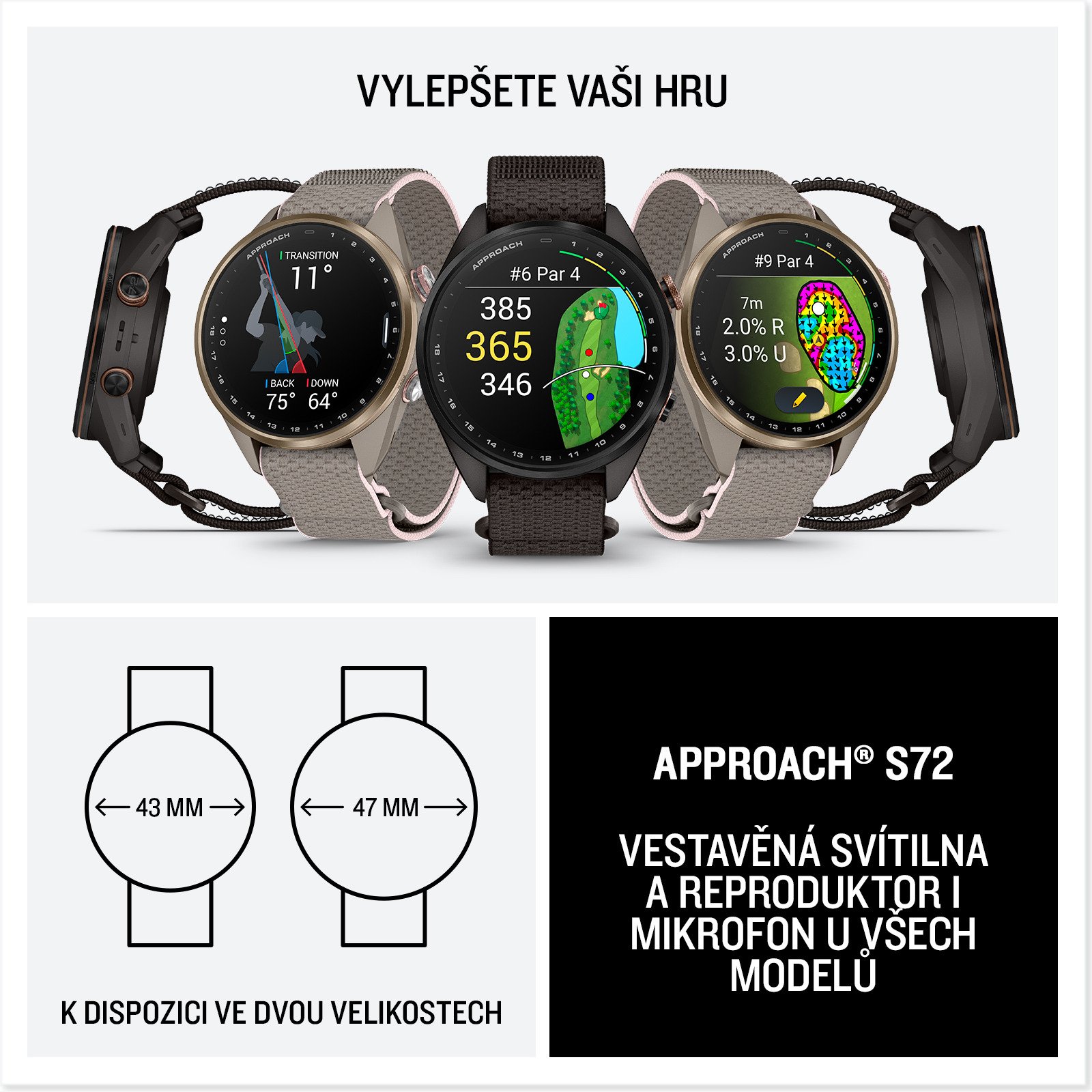 Garmin Approach S72 Golfové gps hodinky, 43 mm, pebble grey