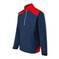 Detailní pohled na barevné panely Oxford Blue a Classic Red na bundě Ping AquaDrive