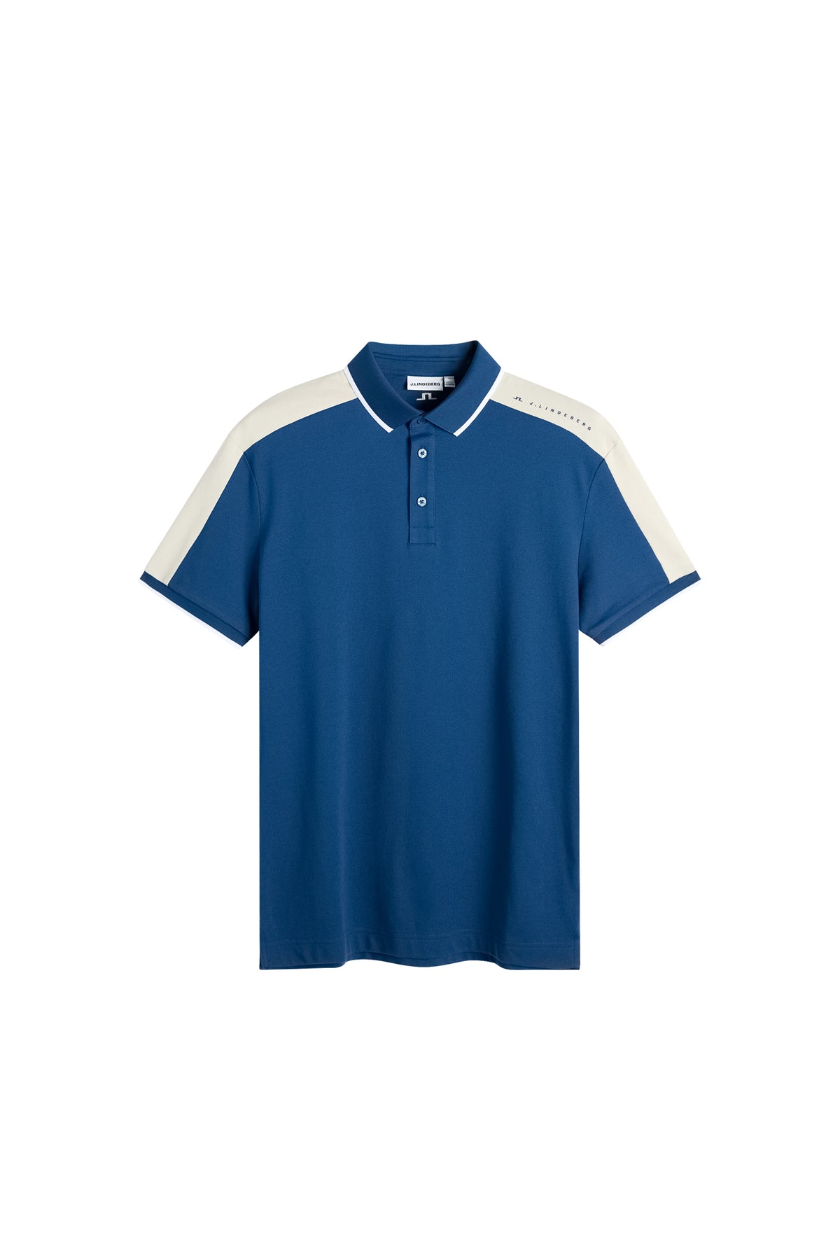Polo J.Lindeberg Jace Estate Blue – přední pohled ukazující prodyšný materiál a kontrastní ramenní panely