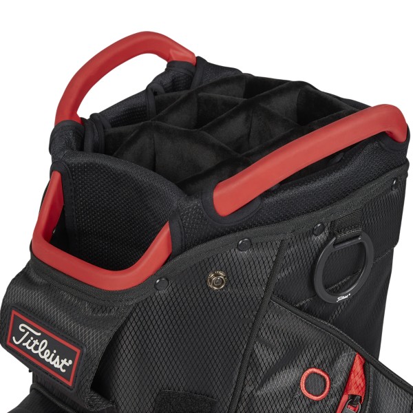 Titleist Cart 14 StaDry bag — detail suchého zipu na rukavici a kroužku na ručník