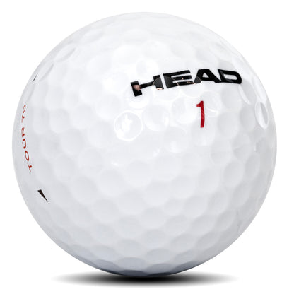 Detail golfového míčku HEAD TOUR 70 ukazující urethanový plášť a vzor dimplů