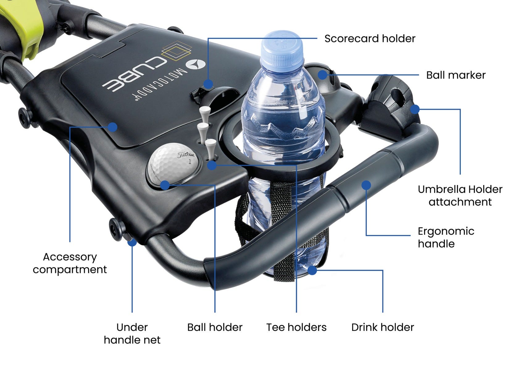 Detail ergonomické rukojeti a integrovaného úložného prostoru vozíku Motocaddy CUBE