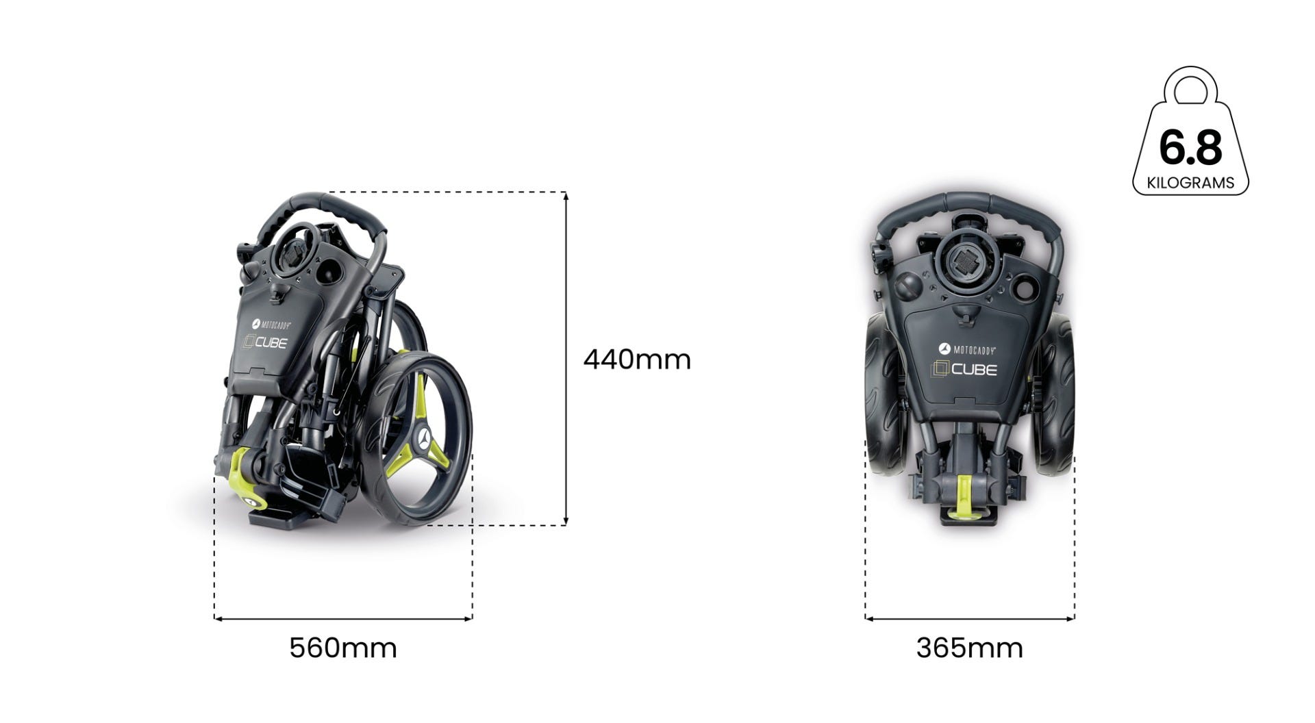 Diagram specifikací, kol a rozměrů vozíku Motocaddy CUBE