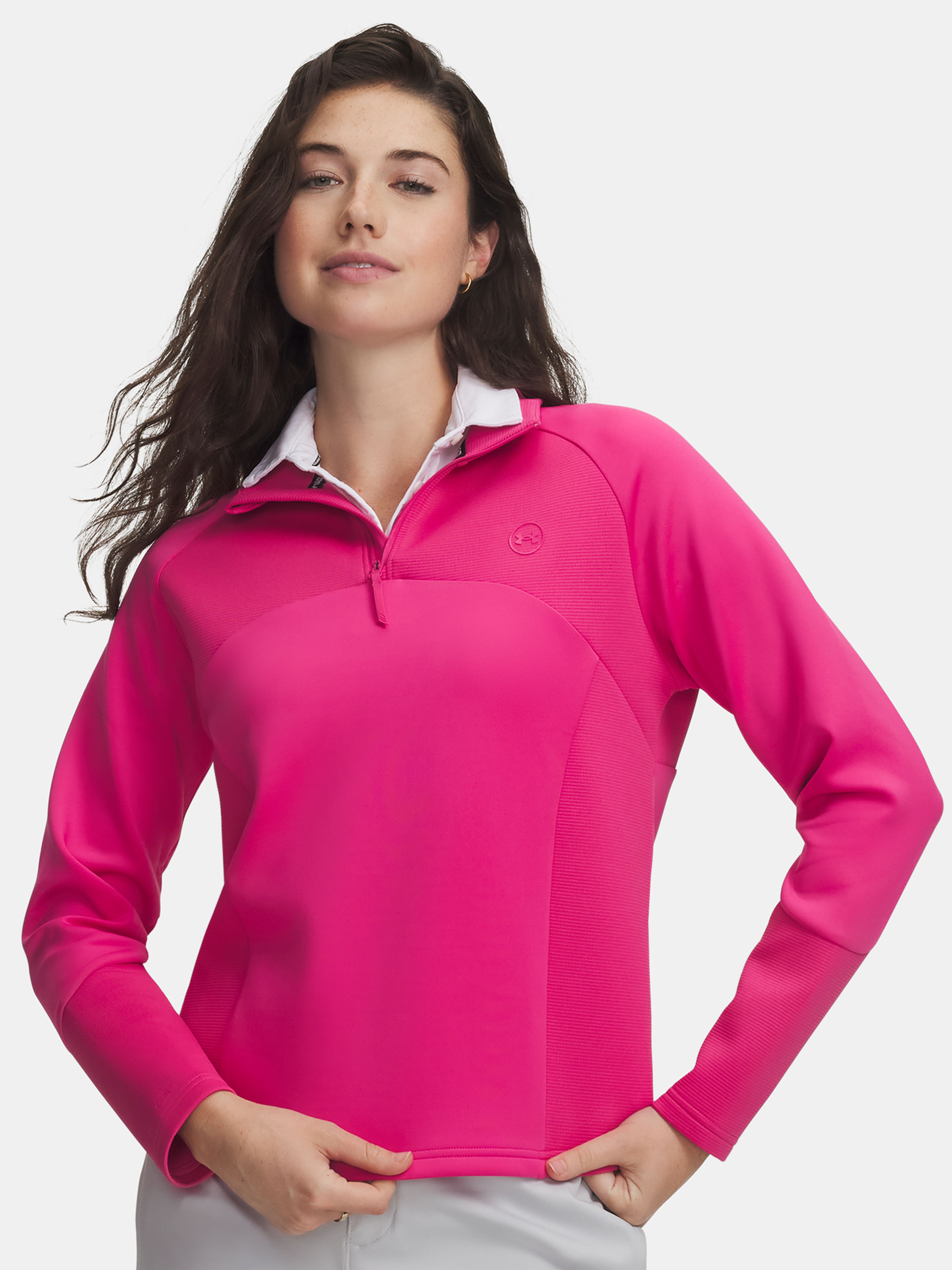 Dámská mikina Under Armour UA Drive Midlayer 1/4 Zip v růžové barvě – pohled zepředu