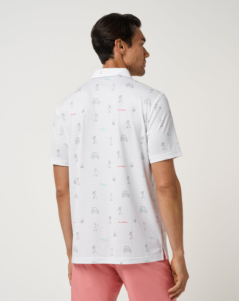Travis Mathew On A Mission Polo – detail pruhované perforace a grafiky astronauta