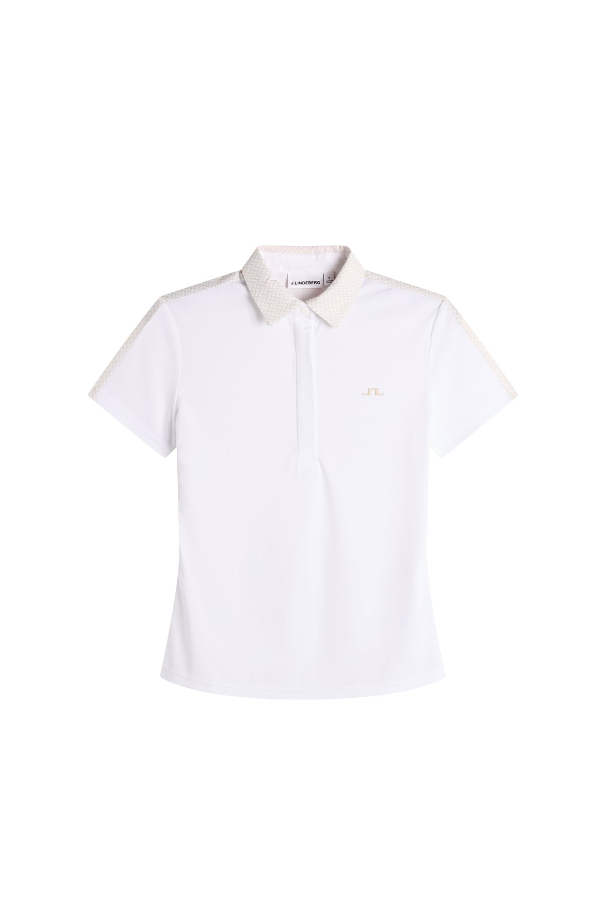 J.Lindeberg Cara Polo Print White – pohled zepředu ukazující čistou bílou látku a regular fit