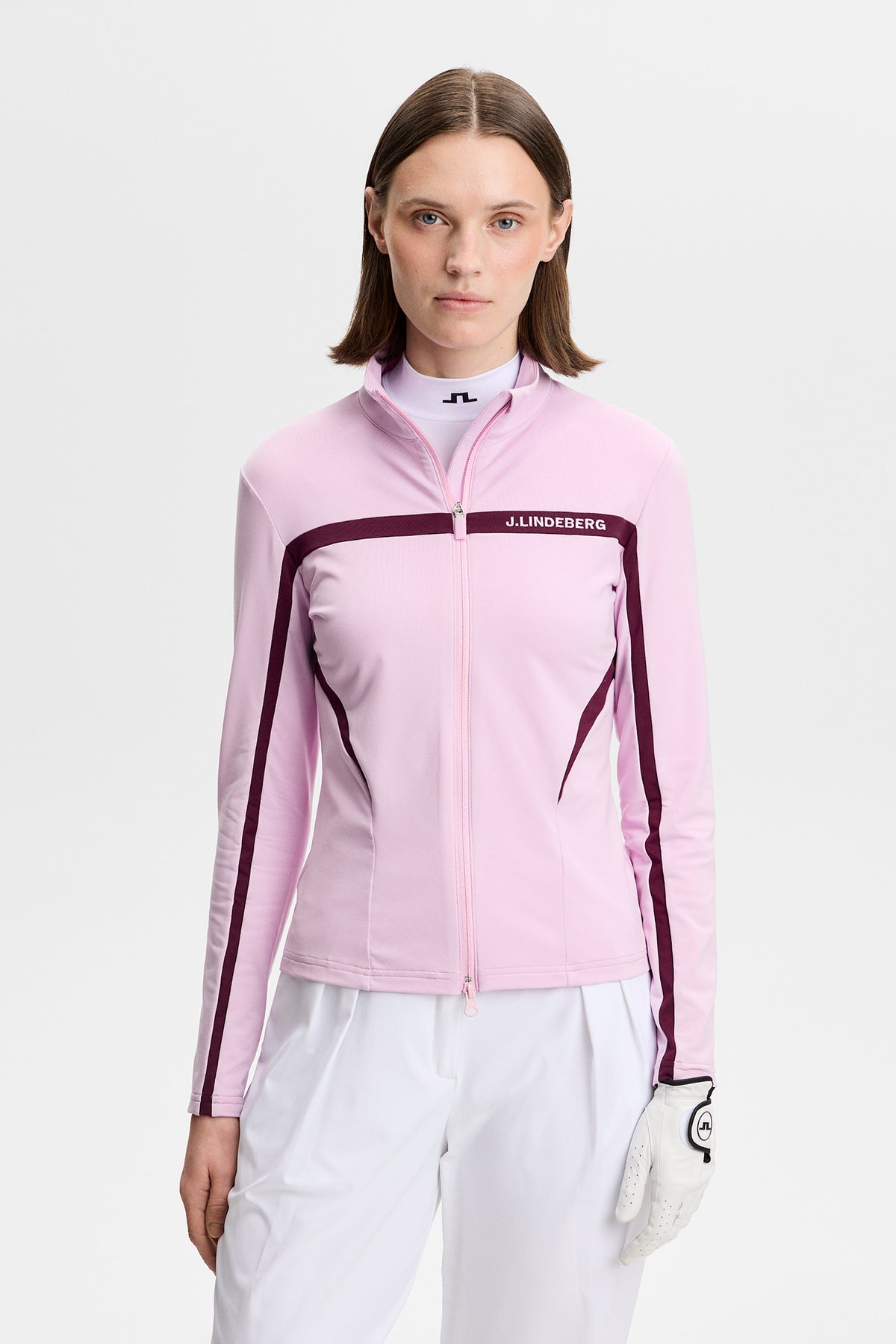J.Lindeberg Janice Mid Layer Orchid Bouquet – přední pohled ukazující tkaninu Light Mid a dvoucestný zip