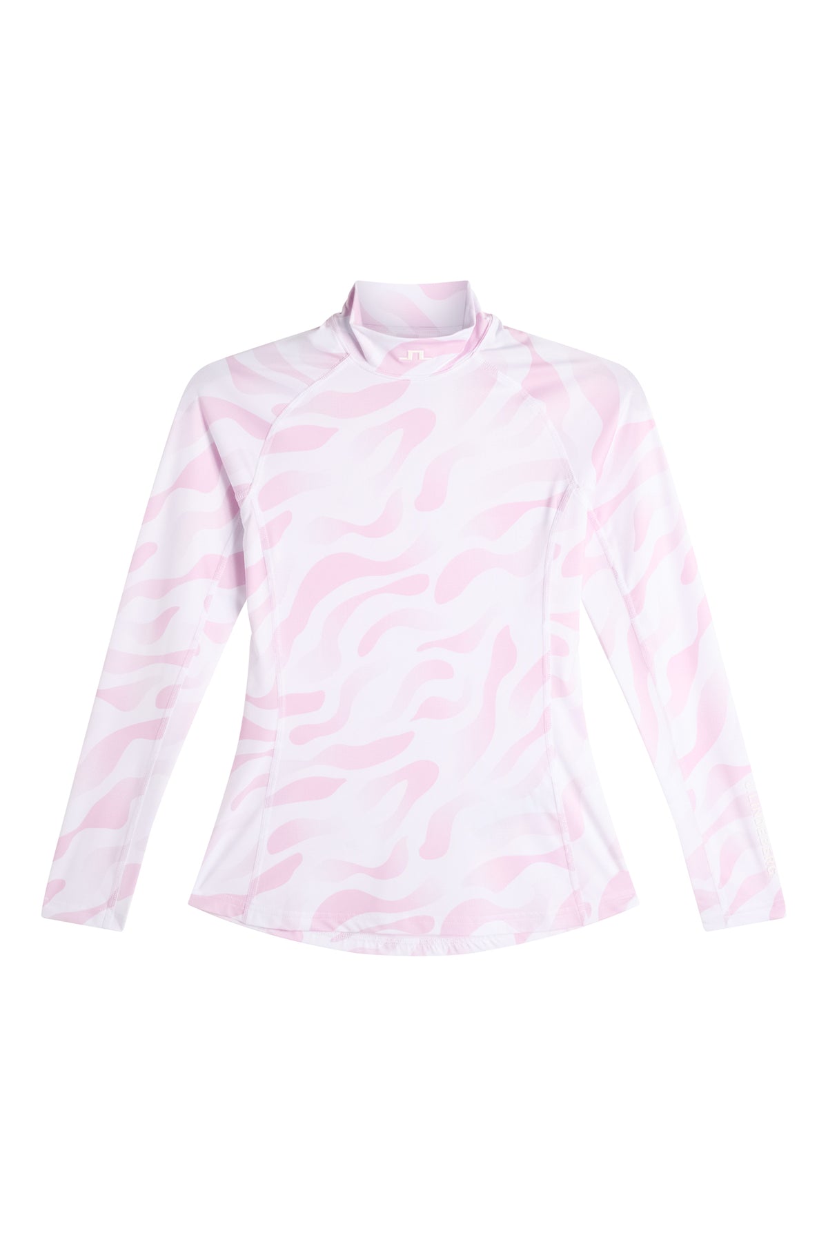J.Lindeberg Ella Print Compression Top – detail životního stylu ukazující potisk a vysoký límec